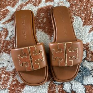 Tory Burch Tan Logo Slide Sandals